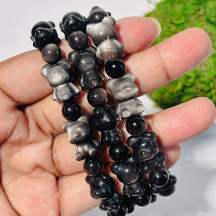 Silver Obsidian Bear Motif Bracelet: Protection & Strength