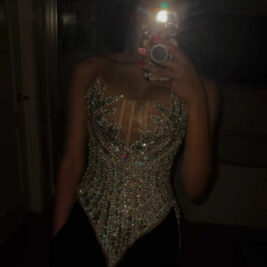 overbust rhinestone corset with skin tone mesh black girl