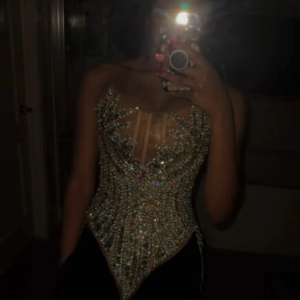 overbust rhinestone corset with skin tone mesh black girl