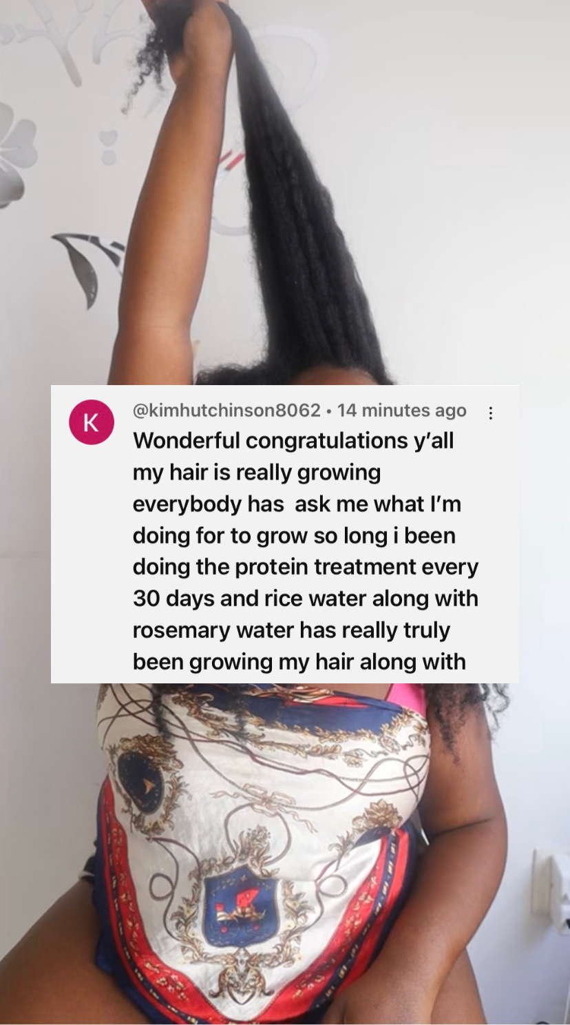 A review of the Growth Training 101 textbook that reads, “ Wonderful congratulations y'all my hair is really growing everybody has ask me what I'm doing for to grow so long i been doing the protein treatment every 30 days and rice water along with rosemary water has really truly been growing my hair…”