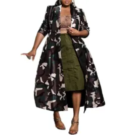 Fashionable Long Camouflage Print Over-The-Knee Coat