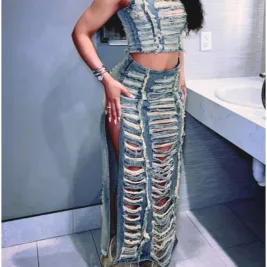 Fashionable Denim Ripped Vest Slit Skirt Two-Piece Set