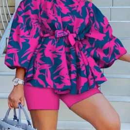 Plants Print Off Shoulder Belted Top Shorts Set