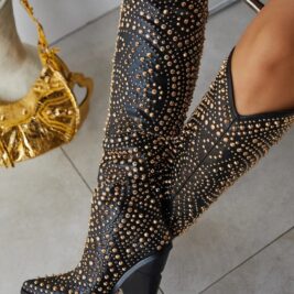 Cowboy Calf Boots - Custom Rhinestuds Calf High Western Style Handmade Leather