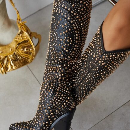 Cowboy Calf Boots - Custom Rhinestuds Calf High Western Style Handmade Leather