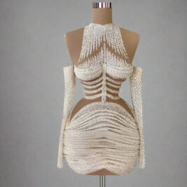 Beaded Crystal Dress - Mini Party Dress With Gold Beadwork Design & 3D Floral Pattern