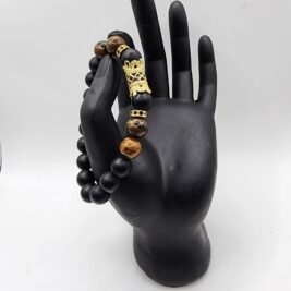 Black Onyx & Tiger's Eye Bracelet with Gold Mask Charm - Ideal Father's Day Gift