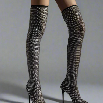 Crystal Mesh Boots - Custom Thigh High Footwear With Crystals & 10cm Heels