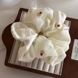 Cream Meadow – Embroidered Fluffy Scrunchie