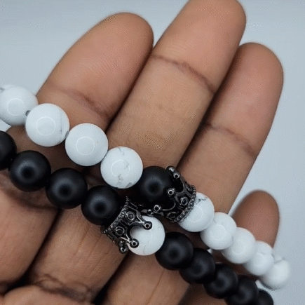 Black Onyx and White Howlite Bracelet Set with Crown Charm