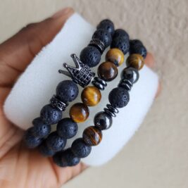 King's Crown Bracelet: Lava Stone & Tiger Eye Beads