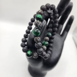 Green Malachite and Lava Bead Bracelet Set
