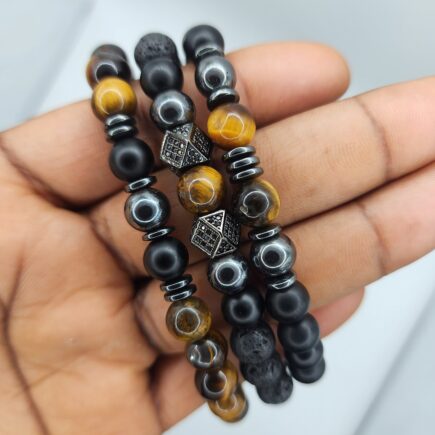 Triple Stone Bracelet Set - Black Onyx, Tiger's Eye, Hematite