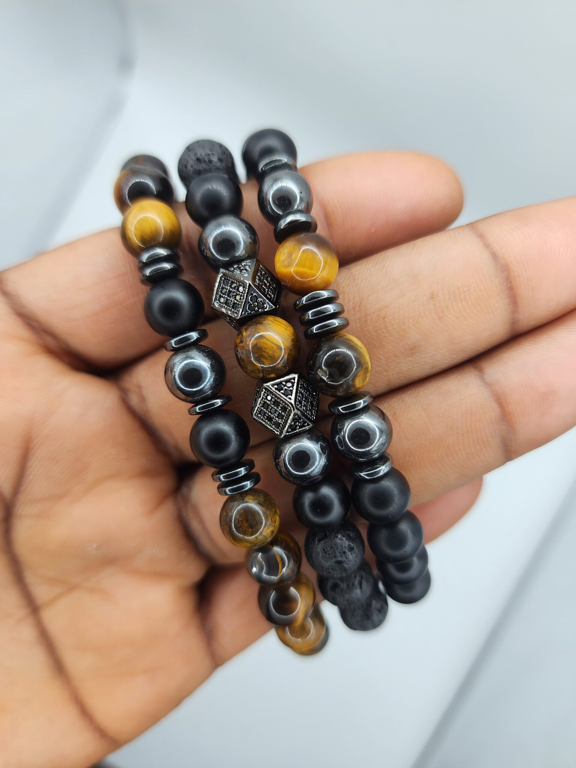 Triple Stone Bracelet Set – Black Onyx, Tiger’s Eye, Hematite - Fashion, Bracelets