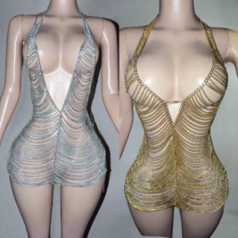 Chain Dress Metallic - Ready to Ship Mini Length Dress with Draped Chain Back