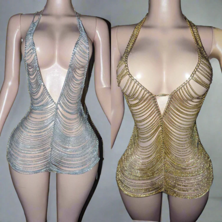 Chain Dress Metallic - Ready to Ship Mini Length Dress with Draped Chain Back