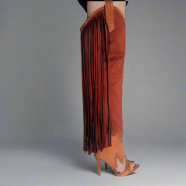 Cowboy Thigh Boots - Customizable Fringe Sandal Boots With Metal Heel