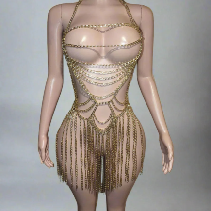 Chain Dress Clubwear - Adjustable Gold Mini Party Dress in Worsted Fabric