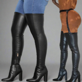 Belted Chunky Heel Boots – Super Stretch Thigh High PU Material Boots