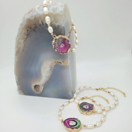 Watermelon Agate Beaded Pearl Adjustable Bracelet - by Beautifulee Created