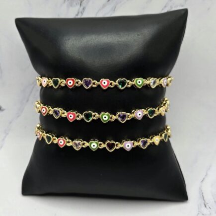 Evil Eye hearts Bracelet – Gold Plated Adjustable Chain Link Bracelet Colorful Enamel Evil Eye & Crystal Heart Charms • Protection Jewelry