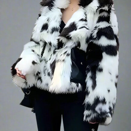 Cow Print Hip Length Faux Fur Coat Jacket- By Prima DND