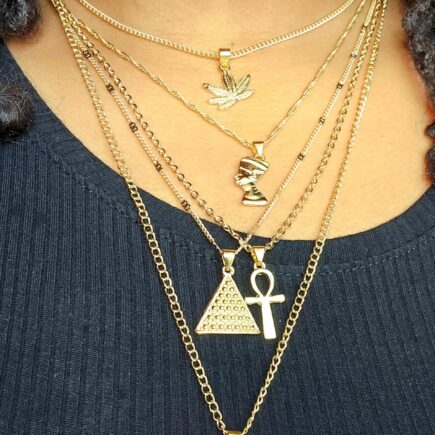 5 chain tiered necklace leaf Nefertiti pyramid ankh heart spiritual intention adjustable statement chain