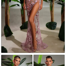 Beaded Floral Gown | Maxi Dress With Velvet Back & Sequin Stone Details