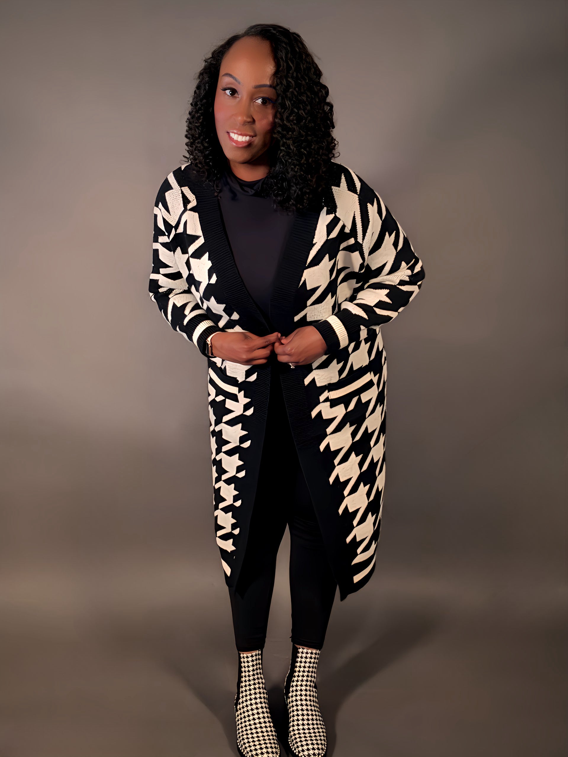 Houndstooth Long Cardigan Sweater