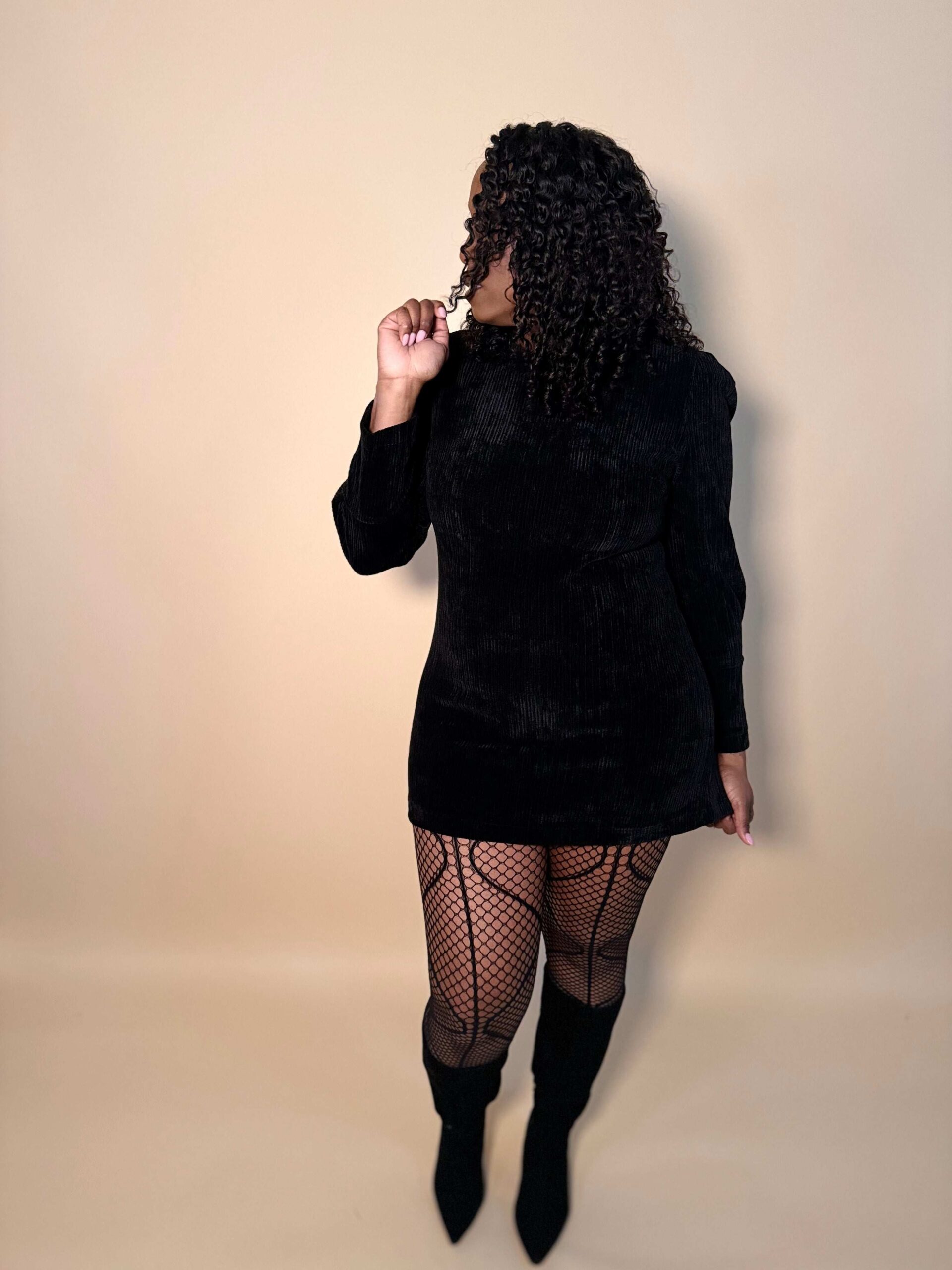 Long Sleeve Shoulder Pleated Corduroy Dress