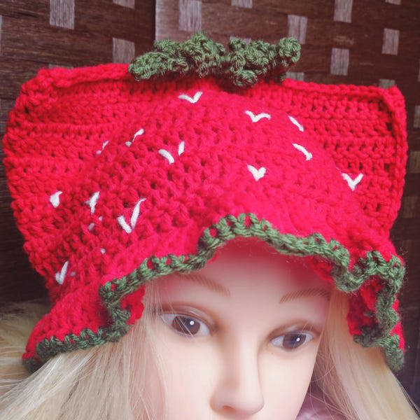 Strawberry Cat Beanie - Handmade Crochet Hat