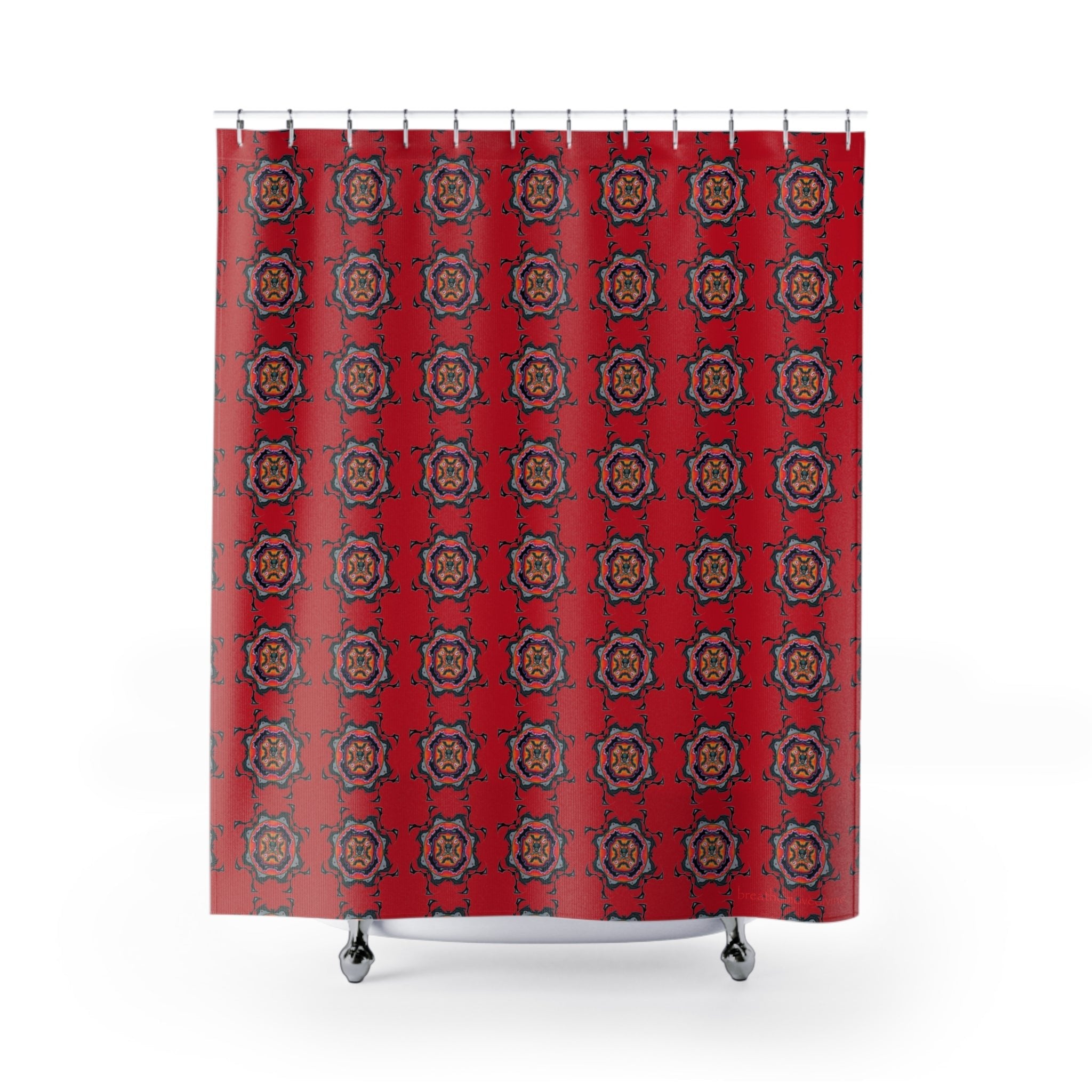 Scry by breathemovedivine Pattern Shower Curtain - Bats Mandala in Red