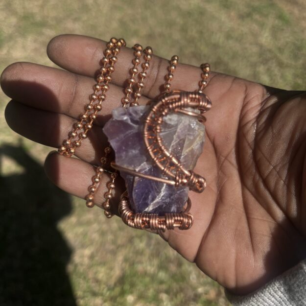 Copper Wrapped Amethyst Pendant/ Copper Ball Chain