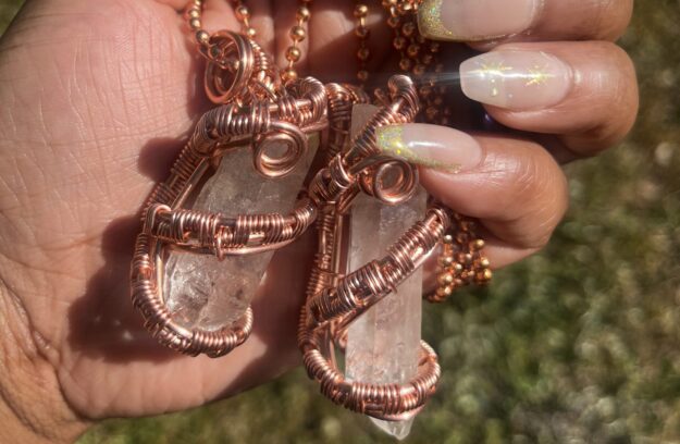 Copper Wrapped Clear Quartz Pendant/ Copper Ball Chain