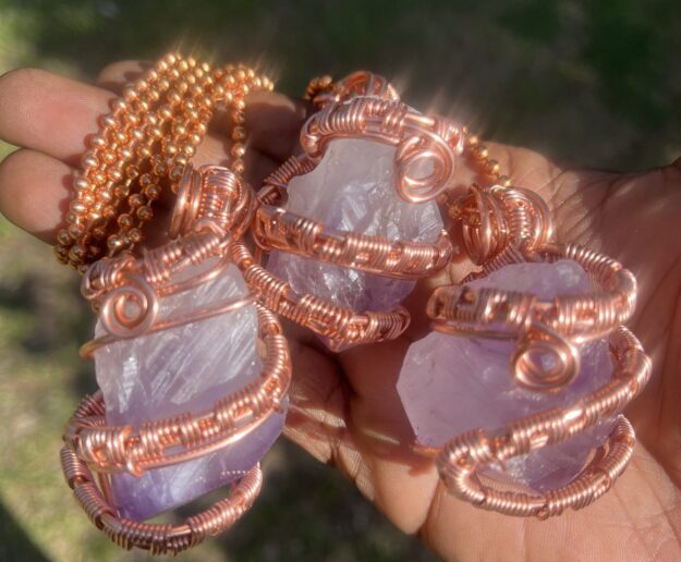 Copper Wrapped Amethyst Pendant/ Copper Ball Chain