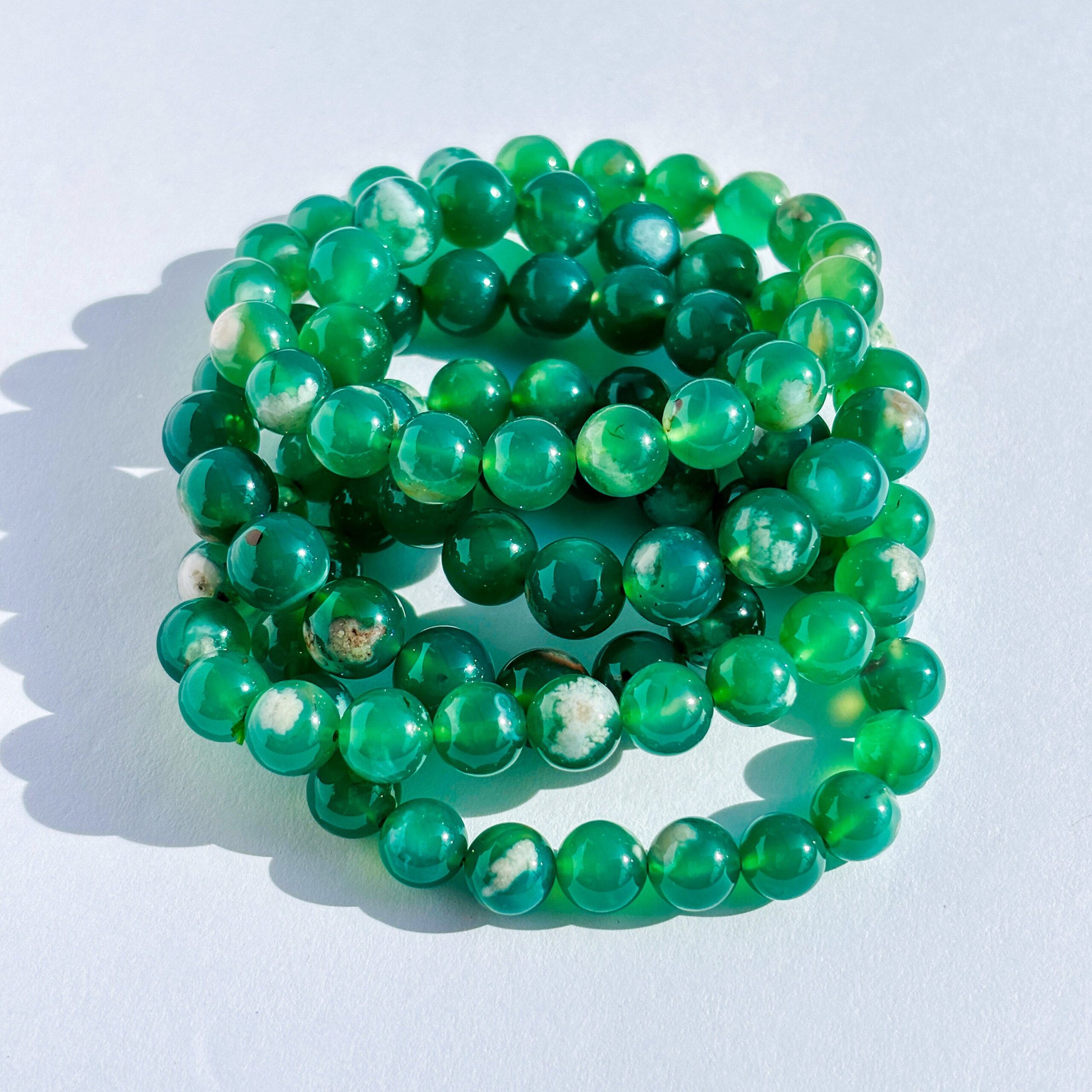Green Flower Agate Bracelet: Growth & Renewal - Accessories, Bracelets, Jewelry, Jewelry ( Handmade ), Bracelets (Handmade), Spiritual Jewelry - agate, beige, crystal bracelets, flower, green, growth, round, stability, stretch Bracelets