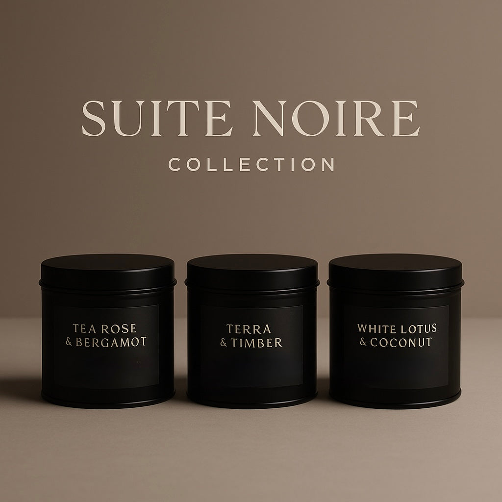 Suite Noire Collection – Luxury Candle Trio with Tea Rose & Bergamot, Terra & Timber, and White Lotus & Coconut - (Uncategorized), Candles - Black owned business, Candle Addict, Candle Business, Candle Community, Candle Lovers, clean burning candles, coconut soy candles, cozy home, Gift Ideas, hand poured candles, home decor, home fragrance, Luxury Candles, Luxury Home Fragrance, Relax And Unwind, Scented Candles, Self Care, small business, Soy Candles, Stay Lit Vibes