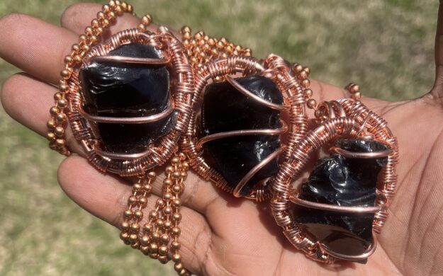 Copper Wrapped Raw Black Obsidian Pendants/ Copper Ball Chain - Spiritual, Spiritual Jewelry - copper, handmade, jewelry