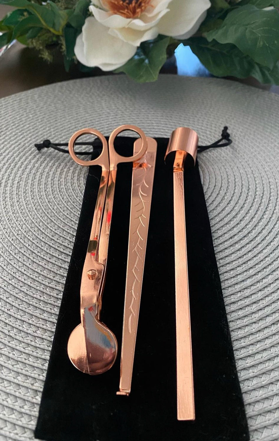 Candle Care Kit – Wick Trimmer, Snuffer & Wick Dipper Set | Luxury Candle Accessories with Velvet Storage Bag for Candle Lovers - (Uncategorized), Candles - Black owned business, Candle Addict, Candle Business, Candle Community, Candle Lovers, clean burning candles, coconut soy candles, cozy home, Gift Ideas, hand poured candles, home decor, home fragrance, Luxury Candles, Luxury Home Fragrance, Relax And Unwind, Scented Candles, Self Care, small business, Soy Candles, Stay Lit Vibes