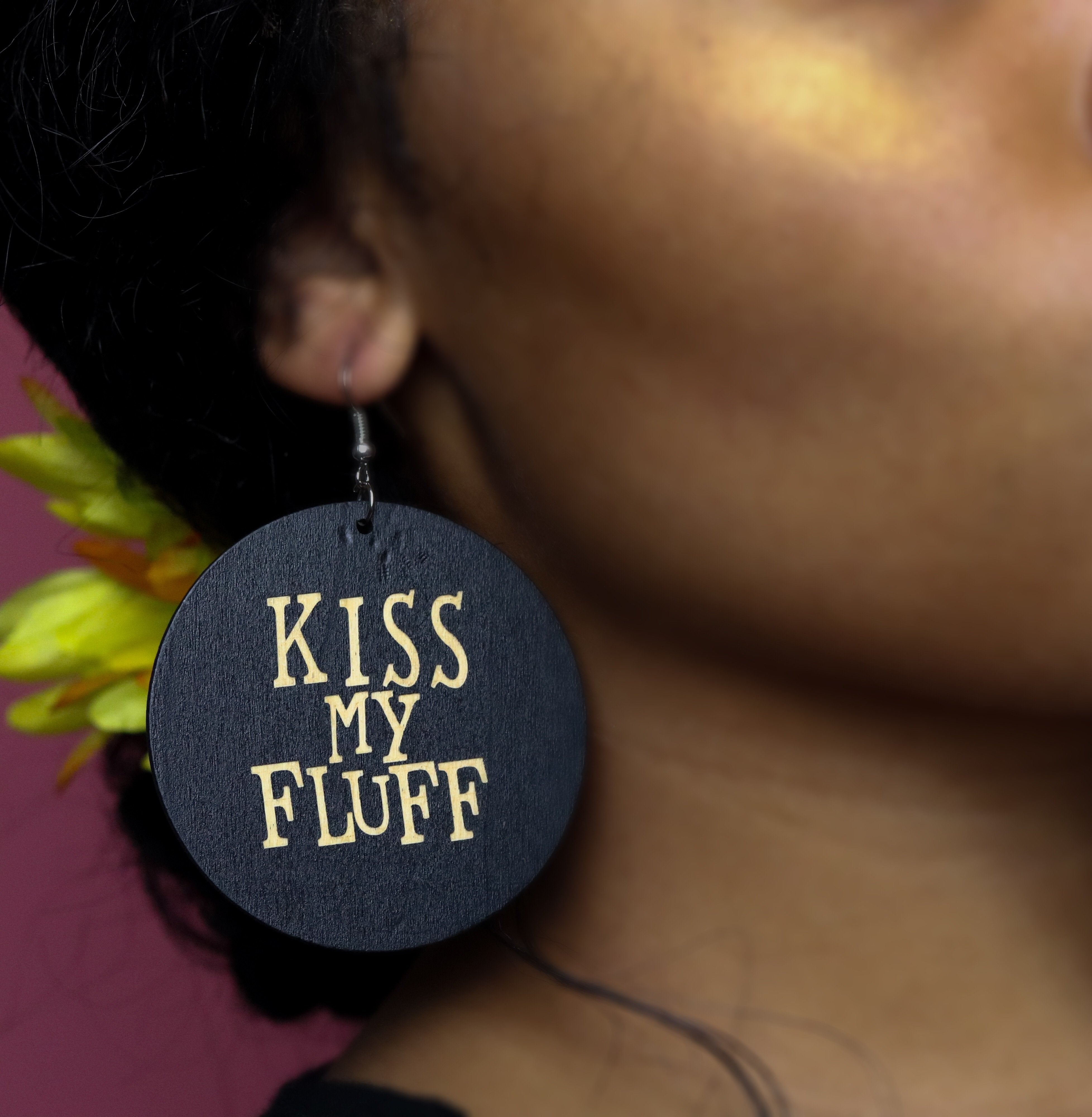 Kiss My Fluff Wooden Engraved Earrings - (Uncategorized)