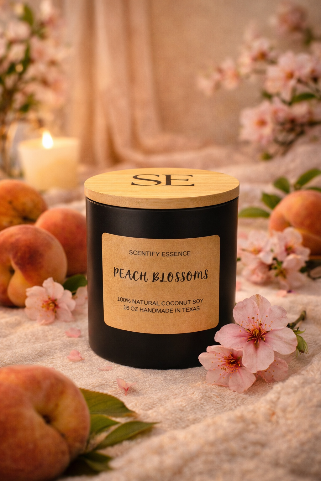 PEACH BLOSSOMS – Hand-Poured Peach & Floral Scented Candle - Essentials, Candles - aromatherapy, artisan candles, birthday gift, Black owned business, calming scents, Candle Addict, candle collection, candle gifts, Candle Lover, candle shopping, clean burning candles, coconut soy candles, coconut wax candles, cozy home, eco-friendly candles, elegant home decor, fragrance lovers, Gift Ideas, handcrafted candles, handmade candles, holiday gifts, home ambiance, home decor, home essentials, home fragrance, housewarming gift, Houston candles, long lasting candles, Luxury Candles, luxury gifts, Luxury Home Fragrance, luxury lifestyle, luxury living, luxury scents, non toxic candles, phthalate free candles, premium candles, relaxation, room fragrance, Scented Candles, scented home, Self Care, small business, soy wax candles, spa vibes, Stress relief, support small business, unique gifts, wellness, woman owned business