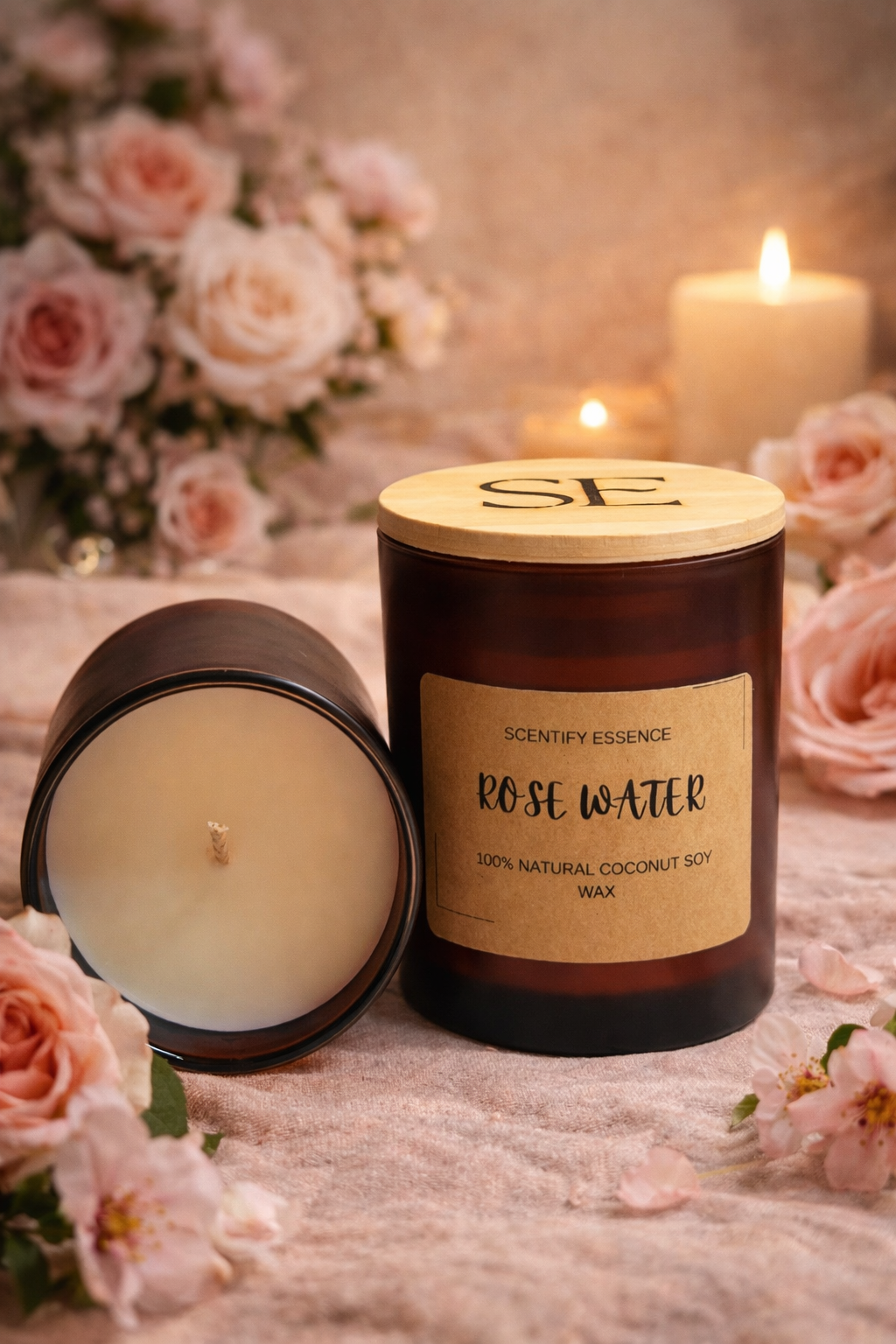 Rosewater – Luxury Candle with Rose & White Tea Notes - Essentials, Candles - aromatherapy, artisan candles, birthday gift, Black owned business, calming scents, Candle Addict, candle collection, candle gifts, Candle Lover, candle shopping, clean burning candles, coconut soy candles, coconut wax candles, cozy home, eco-friendly candles, elegant home decor, fragrance lovers, Gift Ideas, handcrafted candles, handmade candles, holiday gifts, home ambiance, home decor, home essentials, home fragrance, housewarming gift, Houston candles, long lasting candles, Luxury Candles, luxury gifts, Luxury Home Fragrance, luxury lifestyle, luxury living, luxury scents, non toxic candles, phthalate free candles, premium candles, relaxation, room fragrance, Scented Candles, scented home, Self Care, small business, soy wax candles, spa vibes, Stress relief, support small business, unique gifts, wellness, woman owned business