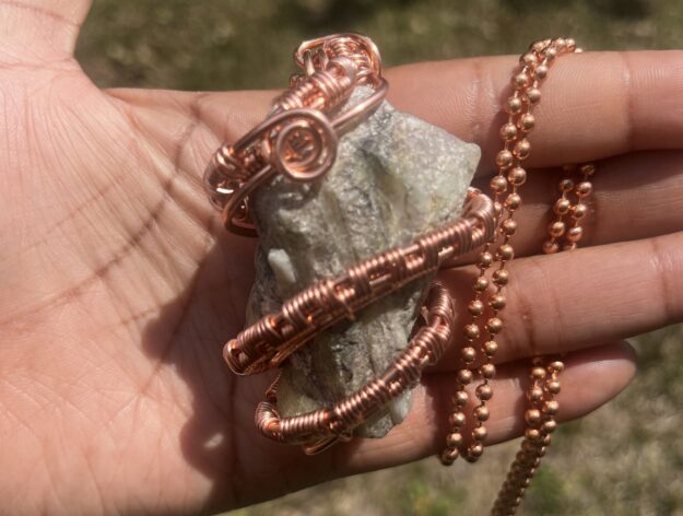 Copper Wrapped Green Tourmaline Pendant/ Copper Ball Chain - Spiritual Jewelry - copper jewelry